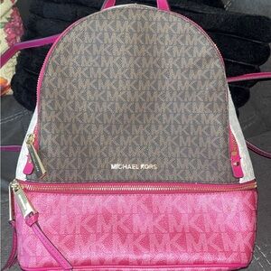 Michael Kors Brown Logo & Pink Accent Backpack